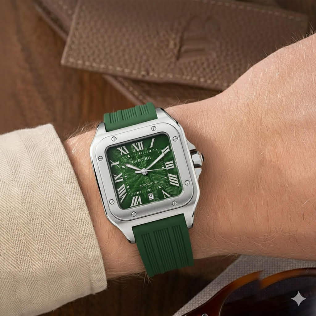 Montre Cartier Automatique – Boîtier Carré en Acier, Cadran Vert