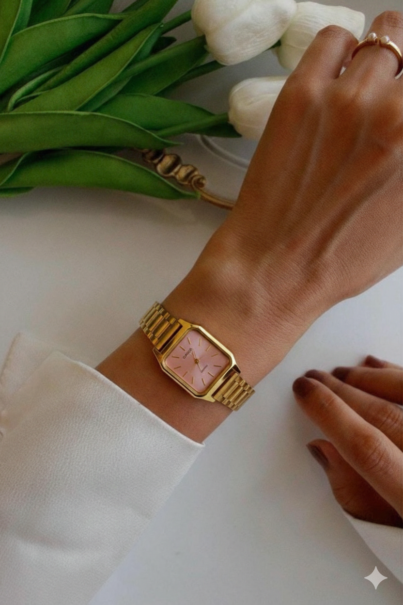 Montre Casio Quartz doré élégante _ cadran rose