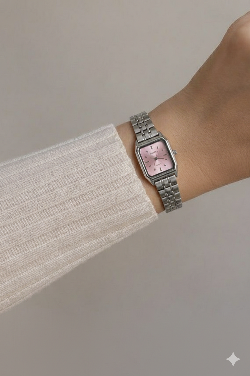 Montre Casio vintage rectangulaire rose en acier