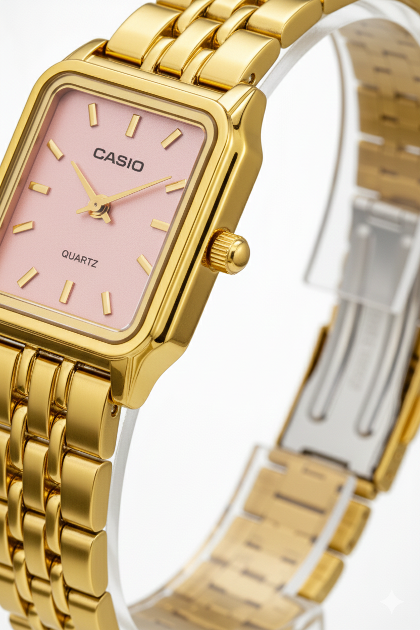 Montre Casio Quartz doré élégante _ cadran rose